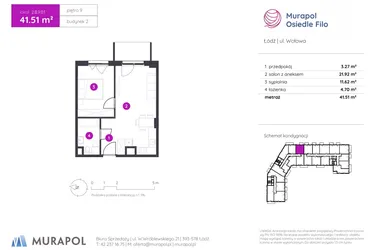 Rzut - Mieszkanie na sprzedaż 2 pokoje o powierzchni 41,51 m² - numer 2.B.9.03 w Murapol Osiedle Filo etap II
