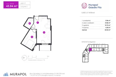 Rzut - Mieszkanie na sprzedaż 2 pokoje o powierzchni 43,94 m² - numer 2.B.9.05 w Murapol Osiedle Filo etap II
