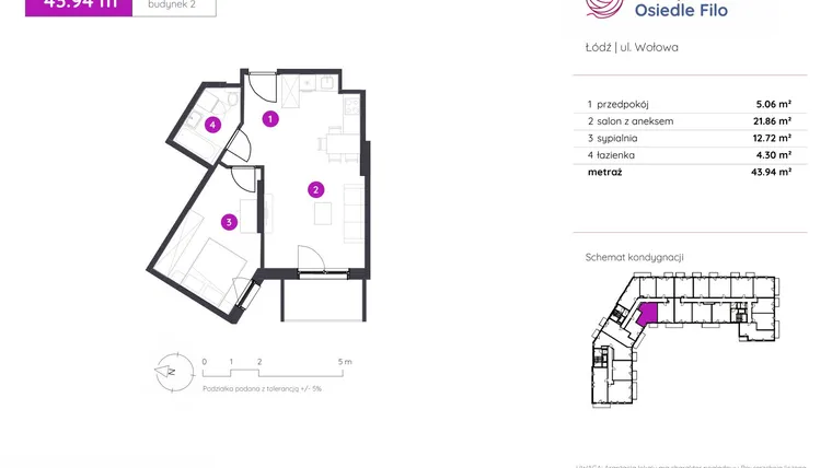 Rzut - Mieszkanie na sprzedaż 2 pokoje o powierzchni 43,94 m² - numer 2.B.9.05 w Murapol Osiedle Filo etap II