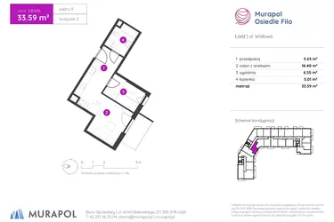 Rzut - Mieszkanie na sprzedaż 2 pokoje o powierzchni 33,59 m² - numer 2.B.9.06 w Murapol Osiedle Filo etap II