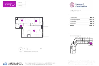 Rzut - Mieszkanie na sprzedaż 2 pokoje o powierzchni 37,75 m² - numer 2.C.6.10 w Murapol Osiedle Filo etap II