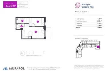 Rzut - Mieszkanie na sprzedaż 2 pokoje o powierzchni 37,96 m² - numer 2.C.7.10 w Murapol Osiedle Filo etap II