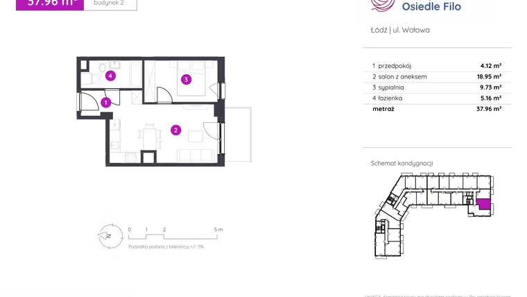 Rzut - Mieszkanie na sprzedaż 2 pokoje o powierzchni 37,96 m² - numer 2.C.7.10 w Murapol Osiedle Filo etap II