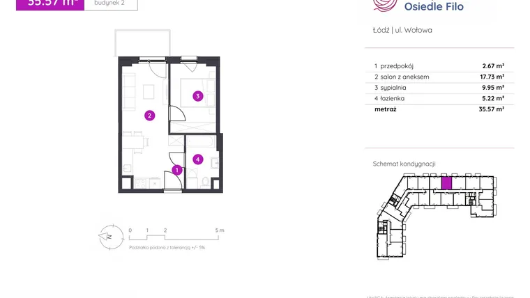 Rzut - Mieszkanie na sprzedaż 2 pokoje o powierzchni 35,57 m² - numer 2.C.8.05 w Murapol Osiedle Filo etap II