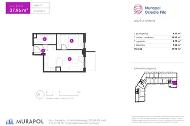 Rzut - Mieszkanie na sprzedaż 2 pokoje o powierzchni 37,96 m² - numer 2.C.9.10 w Murapol Osiedle Filo etap II
