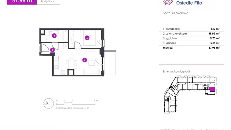 Rzut - Mieszkanie na sprzedaż 2 pokoje o powierzchni 37,96 m² - numer 2.C.9.10 w Murapol Osiedle Filo etap II