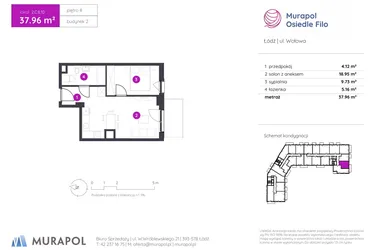 Rzut - Mieszkanie na sprzedaż 2 pokoje o powierzchni 37,96 m² - numer 2.C.8.10 w Murapol Osiedle Filo etap II
