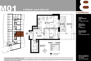 Rzut - Mieszkanie na sprzedaż 2 pokoje o powierzchni 40,91 m² - numer M01 w Sczanieckiej 8