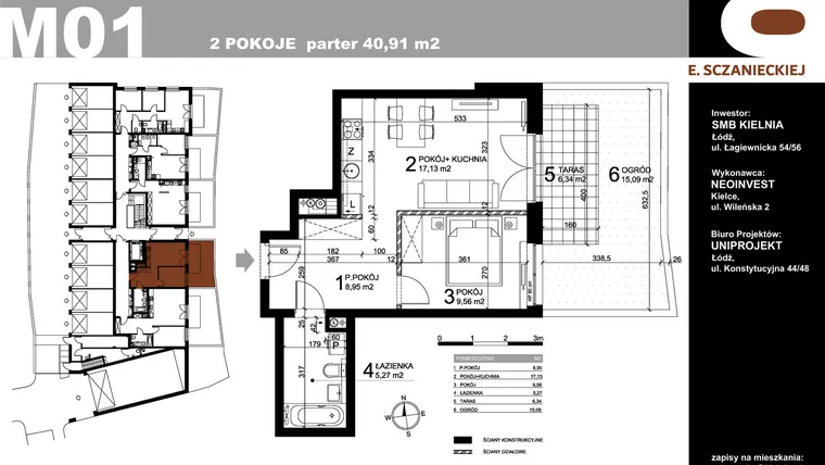 Rzut - Mieszkanie na sprzedaż 2 pokoje o powierzchni 40,91 m² - numer M01 w Sczanieckiej 8