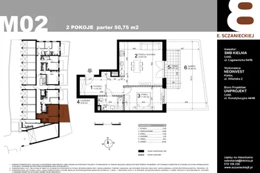 Rzut - Mieszkanie na sprzedaż 2 pokoje o powierzchni 50,75 m² - numer M02 w Sczanieckiej 8