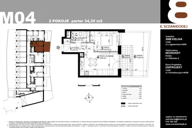 Rzut - Mieszkanie na sprzedaż 2 pokoje o powierzchni 34,35 m² - numer M04 w Sczanieckiej 8