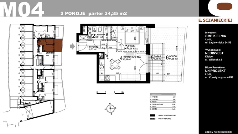 Rzut - Mieszkanie na sprzedaż 2 pokoje o powierzchni 34,35 m² - numer M04 w Sczanieckiej 8