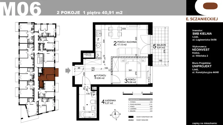 Rzut - Mieszkanie na sprzedaż 2 pokoje o powierzchni 40,91 m² - numer M06 w Sczanieckiej 8