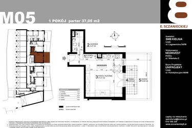 Rzut - Mieszkanie na sprzedaż 1 pokój o powierzchni 37,05 m² - numer M05 w Sczanieckiej 8