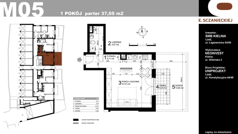 Rzut - Mieszkanie na sprzedaż 1 pokój o powierzchni 37,05 m² - numer M05 w Sczanieckiej 8