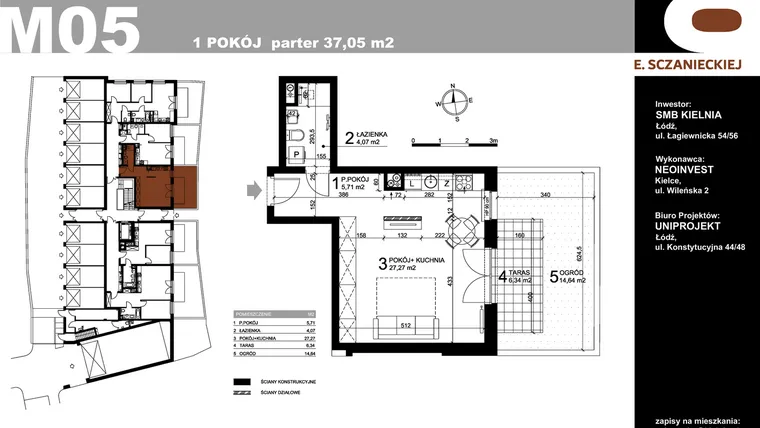 Rzut - Mieszkanie na sprzedaż 1 pokój o powierzchni 37,05 m² - numer M05 w Sczanieckiej 8