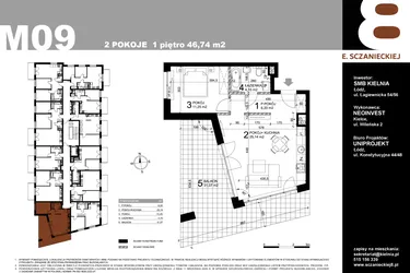 Rzut - Mieszkanie na sprzedaż 2 pokoje o powierzchni 46,74 m² - numer M09 w Sczanieckiej 8