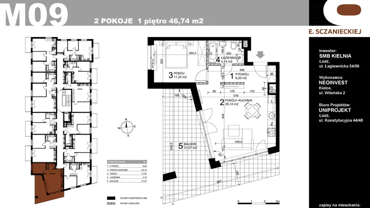 Rzut - Mieszkanie na sprzedaż 2 pokoje o powierzchni 46,74 m² - numer M09 w Sczanieckiej 8