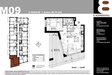 Rzut - Mieszkanie na sprzedaż 2 pokoje o powierzchni 46,74 m² - numer M09 w Sczanieckiej 8