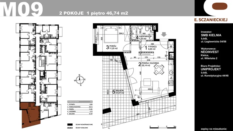 Rzut - Mieszkanie na sprzedaż 2 pokoje o powierzchni 46,74 m² - numer M09 w Sczanieckiej 8