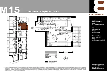 Rzut - Mieszkanie na sprzedaż 2 pokoje o powierzchni 34,35 m² - numer M15 w Sczanieckiej 8