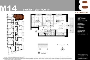 Rzut - Mieszkanie na sprzedaż 3 pokoje o powierzchni 48,47 m² - numer M14 w Sczanieckiej 8