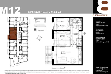 Rzut - Mieszkanie na sprzedaż 3 pokoje o powierzchni 71,04 m² - numer M12 w Sczanieckiej 8