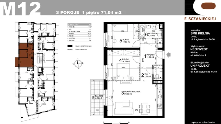 Rzut - Mieszkanie na sprzedaż 3 pokoje o powierzchni 71,04 m² - numer M12 w Sczanieckiej 8