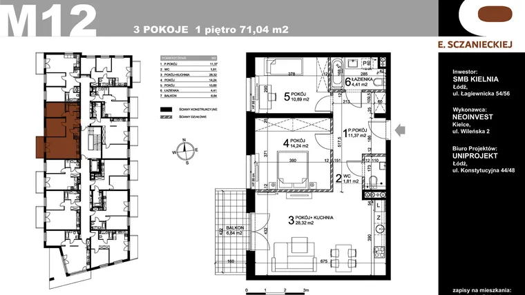Rzut - Mieszkanie na sprzedaż 3 pokoje o powierzchni 71,04 m² - numer M12 w Sczanieckiej 8