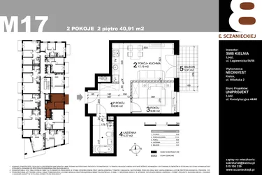 Rzut - Mieszkanie na sprzedaż 2 pokoje o powierzchni 40,91 m² - numer M17 w Sczanieckiej 8