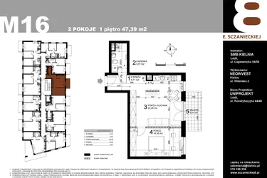 Rzut - Mieszkanie na sprzedaż 2 pokoje o powierzchni 47,39 m² - numer M16 w Sczanieckiej 8