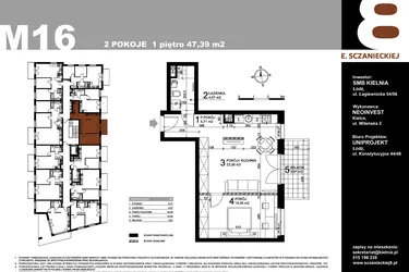 Rzut - Mieszkanie na sprzedaż 2 pokoje o powierzchni 47,39 m² - numer M16 w Sczanieckiej 8