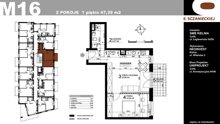 Rzut - Mieszkanie na sprzedaż 2 pokoje o powierzchni 47,39 m² - numer M16 w Sczanieckiej 8
