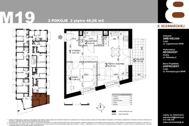 Rzut - Mieszkanie na sprzedaż 2 pokoje o powierzchni 46,06 m² - numer M19 w Sczanieckiej 8