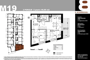 Rzut - Mieszkanie na sprzedaż 2 pokoje o powierzchni 46,06 m² - numer M19 w Sczanieckiej 8