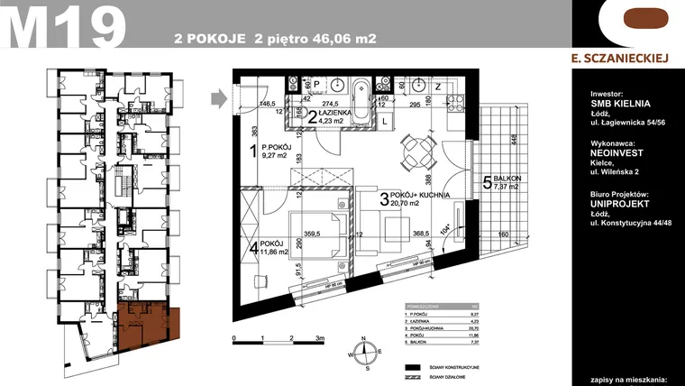 Rzut - Mieszkanie na sprzedaż 2 pokoje o powierzchni 46,06 m² - numer M19 w Sczanieckiej 8