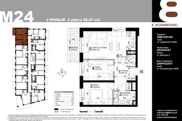 Rzut - Mieszkanie na sprzedaż 3 pokoje o powierzchni 58,47 m² - numer M24 w Sczanieckiej 8