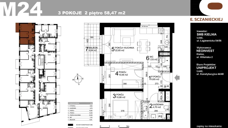 Rzut - Mieszkanie na sprzedaż 3 pokoje o powierzchni 58,47 m² - numer M24 w Sczanieckiej 8