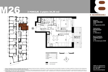 Rzut - Mieszkanie na sprzedaż 2 pokoje o powierzchni 34,35 m² - numer M26 w Sczanieckiej 8