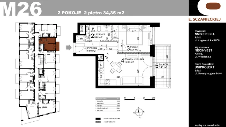 Rzut - Mieszkanie na sprzedaż 2 pokoje o powierzchni 34,35 m² - numer M26 w Sczanieckiej 8
