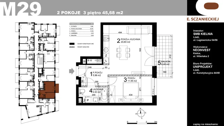Rzut - Mieszkanie na sprzedaż 2 pokoje o powierzchni 45,68 m² - numer M29 w Sczanieckiej 8