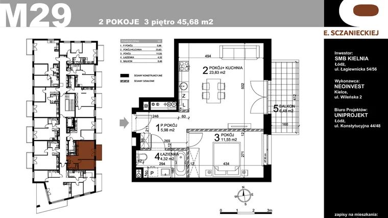 Rzut - Mieszkanie na sprzedaż 2 pokoje o powierzchni 45,68 m² - numer M29 w Sczanieckiej 8