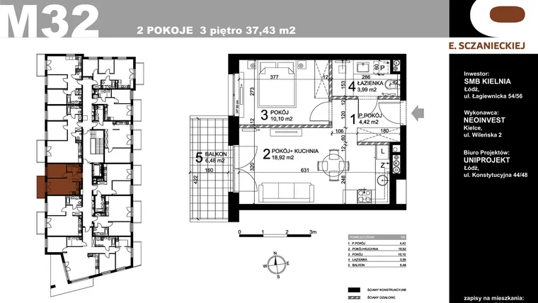 Rzut - Mieszkanie na sprzedaż 2 pokoje o powierzchni 37,43 m² - numer M32 w Sczanieckiej 8