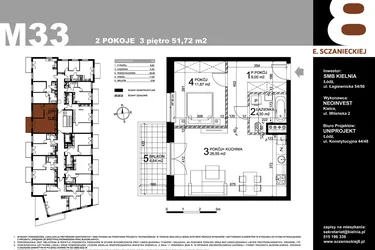 Rzut - Mieszkanie na sprzedaż 2 pokoje o powierzchni 51,72 m² - numer M33 w Sczanieckiej 8