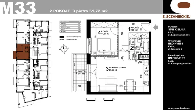 Rzut - Mieszkanie na sprzedaż 2 pokoje o powierzchni 51,72 m² - numer M33 w Sczanieckiej 8