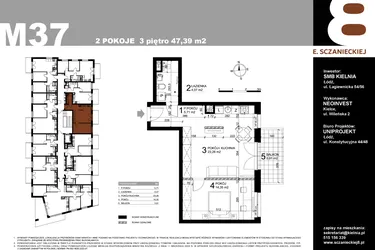 Rzut - Mieszkanie na sprzedaż 2 pokoje o powierzchni 47,39 m² - numer M37 w Sczanieckiej 8