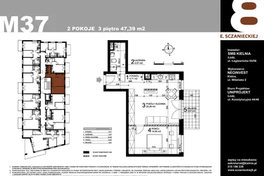 Rzut - Mieszkanie na sprzedaż 2 pokoje o powierzchni 47,39 m² - numer M37 w Sczanieckiej 8