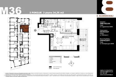 Rzut - Mieszkanie na sprzedaż 2 pokoje o powierzchni 34,35 m² - numer M36 w Sczanieckiej 8
