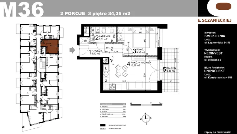 Rzut - Mieszkanie na sprzedaż 2 pokoje o powierzchni 34,35 m² - numer M36 w Sczanieckiej 8