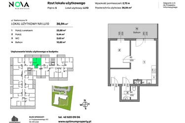 Rzut - Mieszkanie na sprzedaż 2 pokoje o powierzchni 36,94 m² - numer L.U. 10 w Nova Radiostacja - apartamenty inwestycyjne